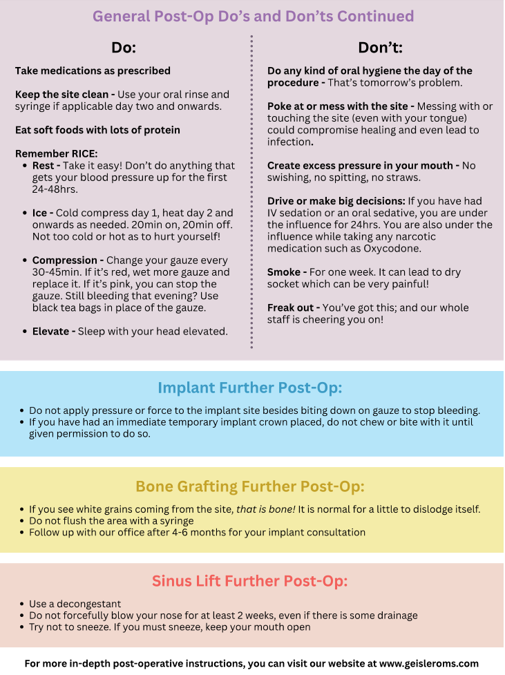 post oral surgery instructions infographic - in depth dos and don'ts & specific procedure info
